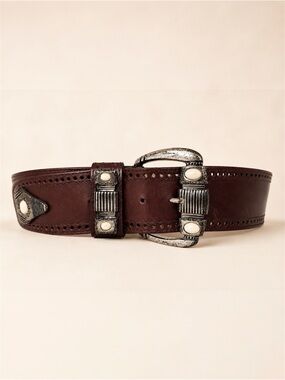 Vintage Doppia Vita Italy Wide Brown Leather  Belt Silver Buckle